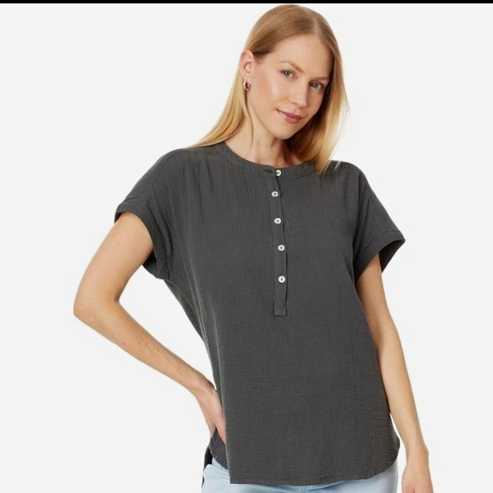 Faherty Womens Gray Short Sleeve Henley Top 100% Organic Cotton Woven Sz S